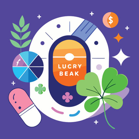 a vibrant illustration featuring the letter o with lucky symbols like a clover chart dollar and the text lucry beak withinのイラスト素材