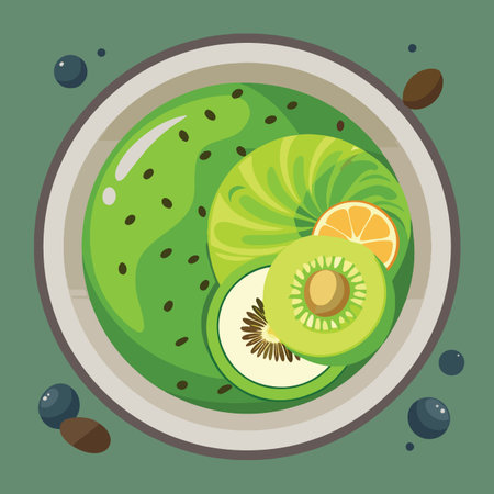 a vibrant illustration showcasing a bowl filled with sliced kiwi fruit blueberries and a slice of orange creating a refreshing and colorful imageのイラスト素材