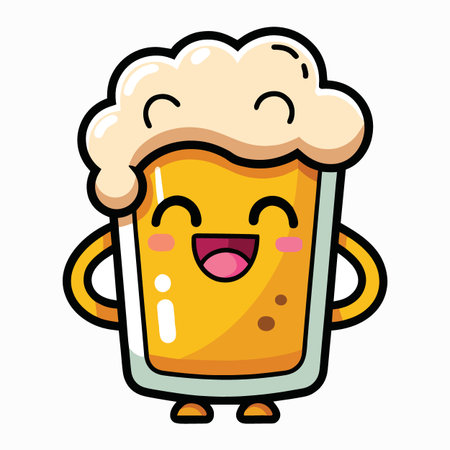 a cheerful cartoon illustration of a glass of beer with a foamy head and a smiling happy cute expressionのイラスト素材
