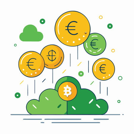 a stylized illustration depicts euro bitcoin and dollar symbols floating around green clouds representing financial growth and digital currencyのイラスト素材