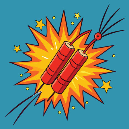 a vibrant illustration depicts two red firecrackers with lit fuses surrounded by bright yellow...