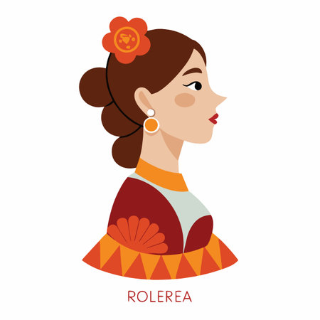 a stylized illustration depicts a woman with a traditional spanish hairstyle adorned with a flower and fan in a vibrant color paletteのイラスト素材