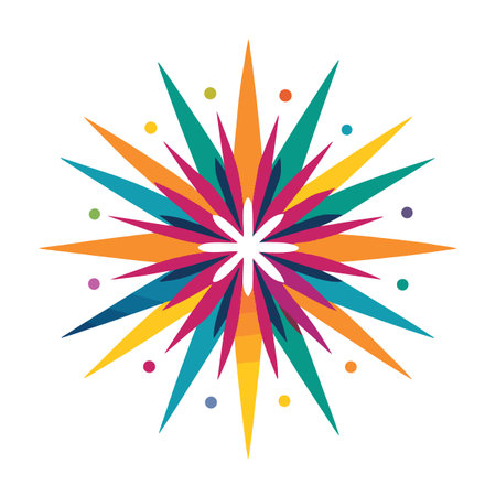 a vibrant colorful starburst design featuring multiple pointed rays in shades of blue green orange purple and yellow against a white backgroundのイラスト素材
