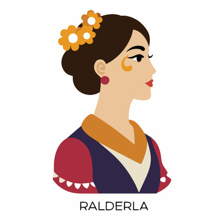 a stylized illustration depicts a woman with traditional adornments featuring a bun decorated with yellow flowers and detailed facial markingsのイラスト素材