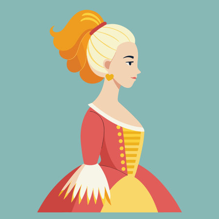 a stylized illustration depicts a woman in historical attire with elaborate golden hair and a detailed red and yellow dressのイラスト素材