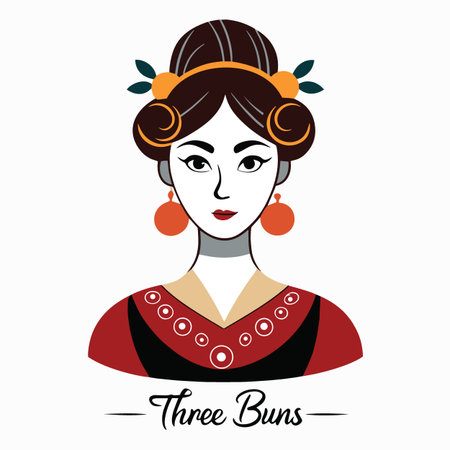 a stylized illustration depicts a woman with traditional east asian hairstyle featuring two elegant buns and decorative hair ornamentsのイラスト素材