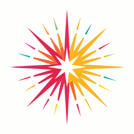 a vibrant abstract starburst design featuring radiating colorful rays in shades of red yellow and teal against a white backgroundのイラスト素材