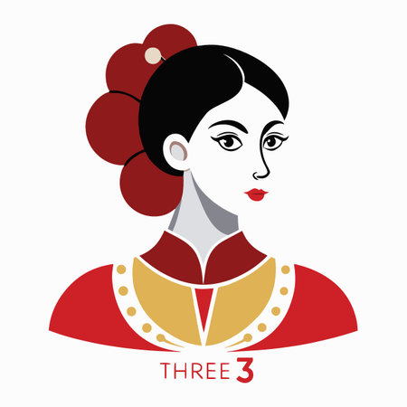 a stylized portrait illustration of a woman with dark hair red decorative elements and a golden collar against a white backgroundのイラスト素材