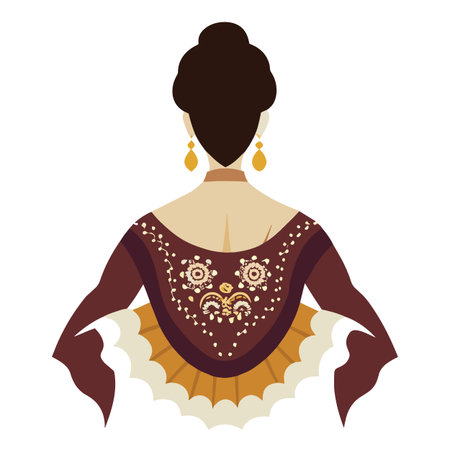a stylized illustration depicts a woman viewed from the back showcasing traditional flamenco attire with intricate embroidery and ornate detailsのイラスト素材