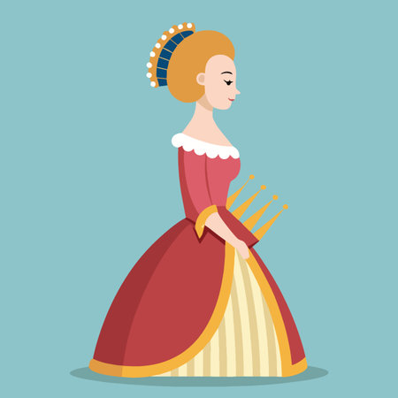 a stylized illustration depicts a woman in a red 17th century style dress with an elaborate headdress and a delicate profile viewのイラスト素材