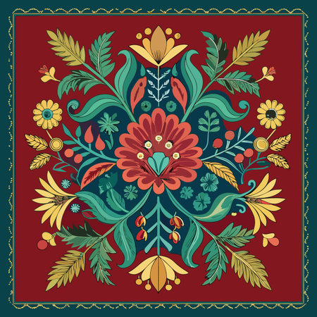 a vibrant symmetrical floral design featuring red and green stylized flowers leaves and berries arranged in a decorative patternのイラスト素材