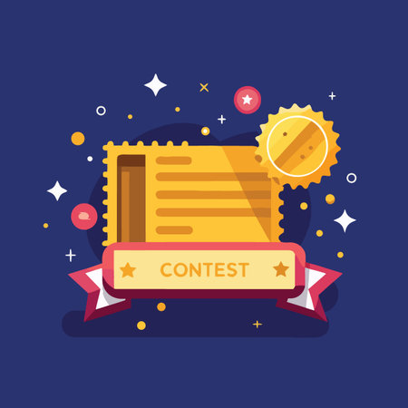 a golden contest ticket with red ribbons and scattered stars a promotional graphic design for events and special offersのイラスト素材