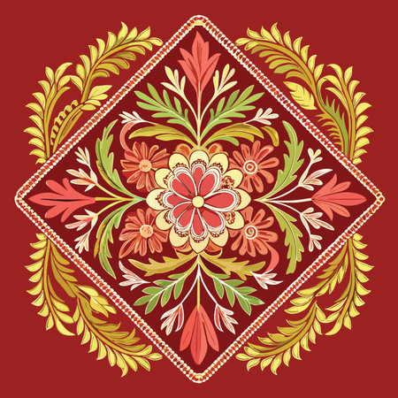 a detailed ornamental floral design featuring red yellow and green leaves and flowers arranged within a diamond shaped borderのイラスト素材