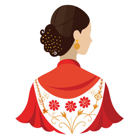 a detailed illustration depicts a woman viewed from behind showcasing a traditional hairstyle and vibrant red and white embroidered cape designのイラスト素材