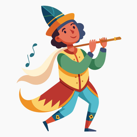 A joyful musician in vibrant attire plays a wooden flute with musical notes floating around creating a lively and cheerful atmosphereのイラスト素材
