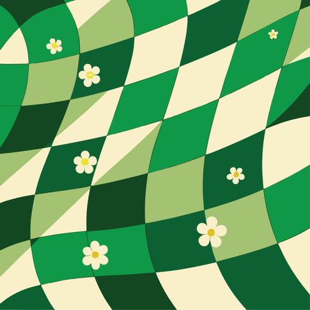 a vibrant and wavy checkerboard pattern with varying shades of green and cream accented by scattered...