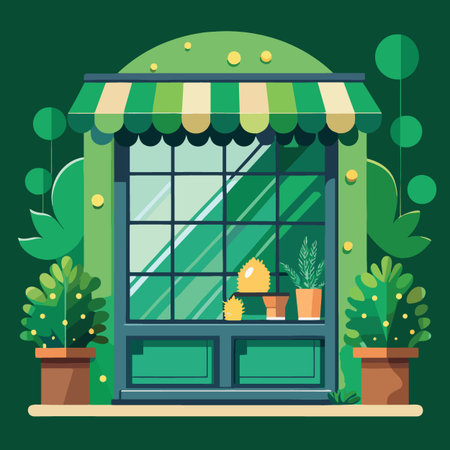 A charming illustration depicts a storefront window with a green awning potted plants and a tranquil inviting atmosphereのイラスト素材