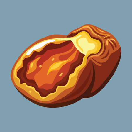 A vibrant and detailed illustration showcases a halved date fruit revealing its rich textured interior and warm brown skinのイラスト素材