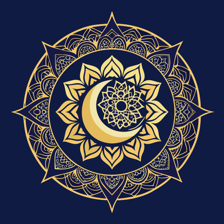 An intricate golden mandala design featuring a crescent moon at its center set against a deep navy...