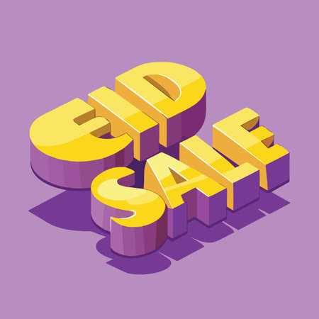 A vibrant isometric design showcases the words eid sale in bold layered yellow and purple typography...