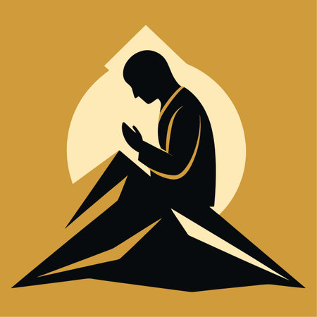 A silhouette of a man praying with hands clasped together set against a golden abstract mountainous backgroundのイラスト素材