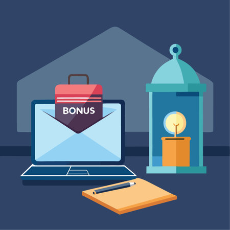 A vibrant illustration depicts a laptop an envelope with a bonus a lantern and stationery suggesting online rewards and opportunitiesのイラスト素材