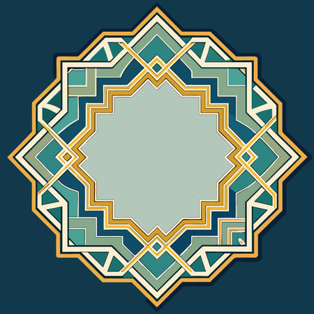 An intricate geometric star pattern with overlapping layers of teal gold and light blue hues creates a mesmerizing visual designのイラスト素材