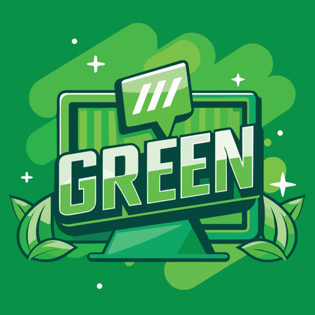 A vibrant green graphic design showcases a speech bubble on a monitor surrounded by leaves and abstract shapesのイラスト素材