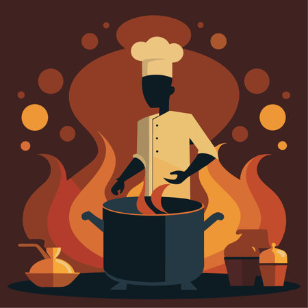 A stylized illustration depicts a chef stirring a large pot over a flame showcasing culinary artistry and passionのイラスト素材