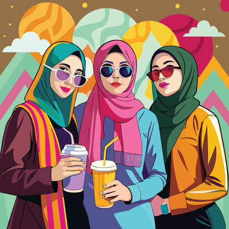 three young women wearing hijabs and sunglasses pose together enjoying beverages against a colorful...