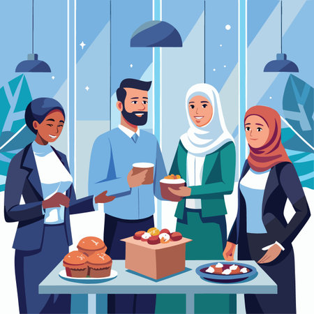 A diverse group of professionals enjoying a casual gathering with food and drinks in a modern office settingのイラスト素材