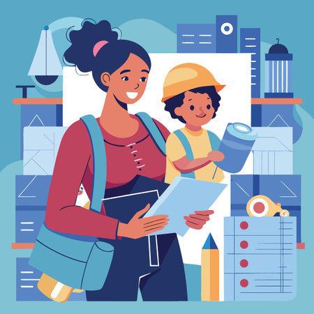 A mother and son collaboratively study architectural plans envisioning future cityscapes and fostering a passion for building designのイラスト素材