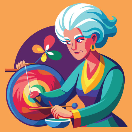 An artistic depiction of an elderly woman gracefully spinning yarn with a colorful wheel and a gentle focused expressionのイラスト素材