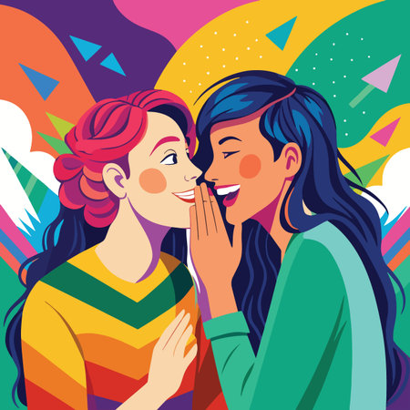 Two young women share a secret in a vibrant and colorful illustration surrounded by abstract shapes...
