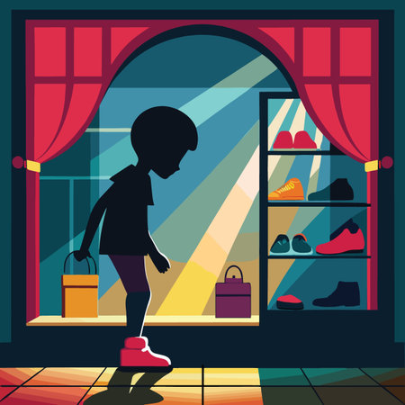 A young boy stands silhouetted before a window display filled with colorful shoes holding a small shopping bagのイラスト素材