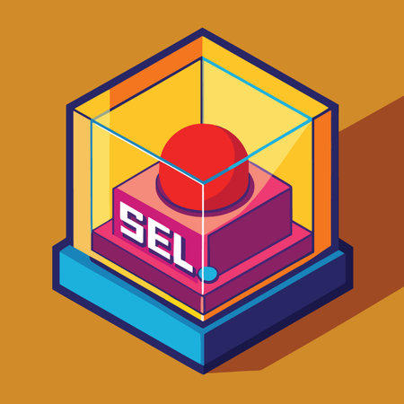 A visually striking isometric illustration depicts a red button encased within a transparent display...