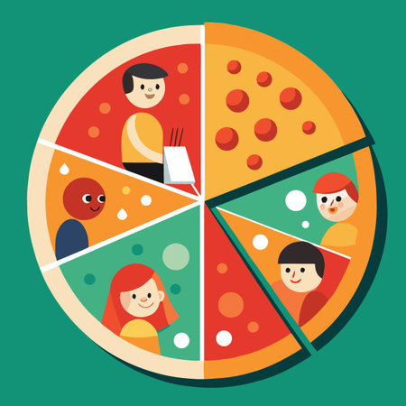 A colorful pizza slice illustration depicts various people within each section showcasing diverse scenarios and toppings high qualityのイラスト素材