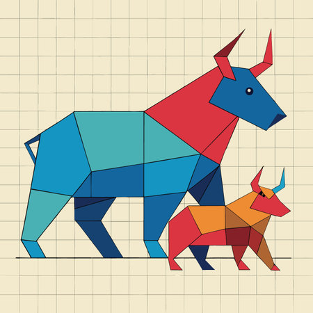 Geometric depiction of a large bull and a calf constructed from polygonal shapes and vibrant colors set against a grid backgroundのイラスト素材