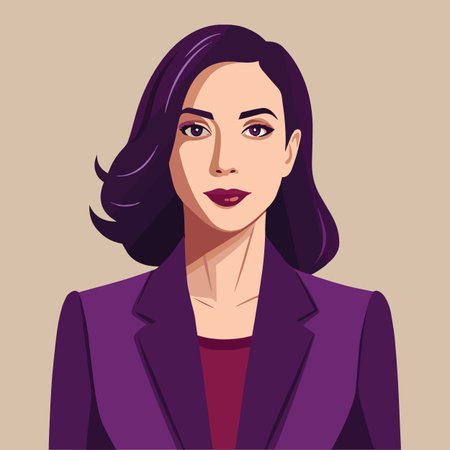 A digital portrait of a professional woman with dark wavy hair wearing a formal purple suit and a confident expressionのイラスト素材