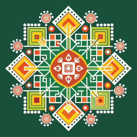A vibrant geometric rangoli design showcases intricate patterns of squares diamonds and circular...