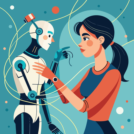 A woman gently interacts with a humanoid robot showcasing the growing connection between humans and artificial intelligence in a modern settingのイラスト素材