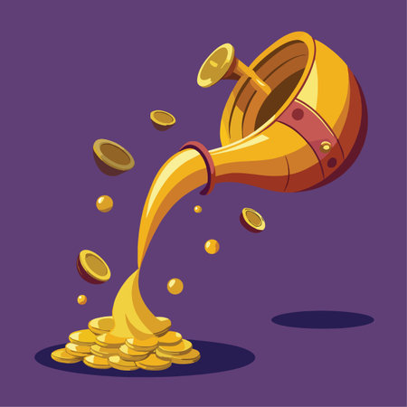 A vibrant illustration depicts a golden pot pouring forth a cascade of glittering coins onto a purple backgroundのイラスト素材