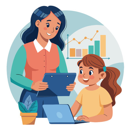 A woman guides a young girl while reviewing data on a tablet and laptop fostering learning and growthのイラスト素材
