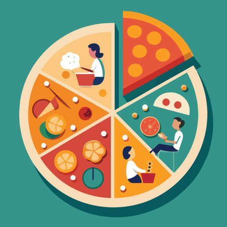 A colorful pizza shaped illustration depicts segments filled with lifestyle activities like work leisure and enjoying foodのイラスト素材