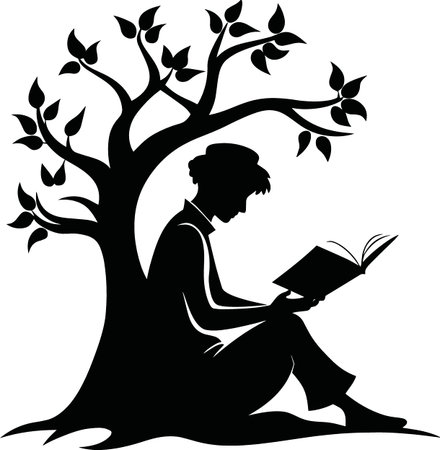 A silhouette of a person reading a book beneath the branches of a blossoming tree high quality professionalのイラスト素材