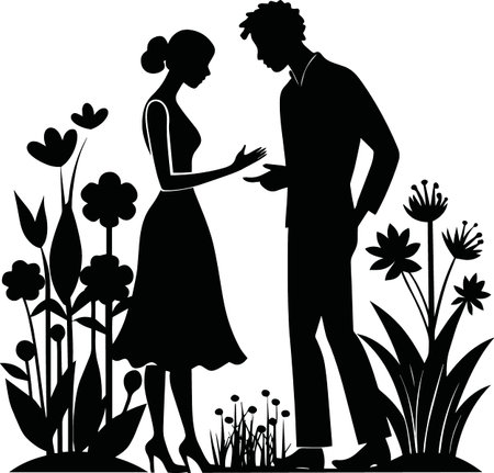 A black silhouette illustration depicts a couple in conversation amid floral botanical arrangements high quality professional detailed modernのイラスト素材