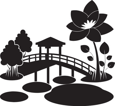 A black and white illustration depicts a serene asian garden scene with a bridge and lotus flowerのイラスト素材