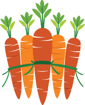 A vibrant illustration depicts a bundle of five fresh orange carrots tied together with green stems high qualityのイラスト素材