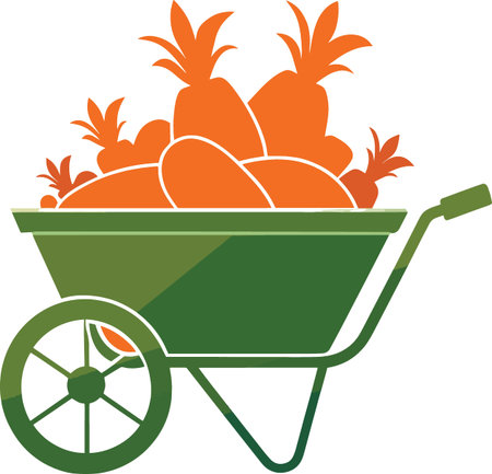 A vibrant illustration depicts a green wheelbarrow overflowing with ripe orange carrots and pineapple tops high quality professionalのイラスト素材