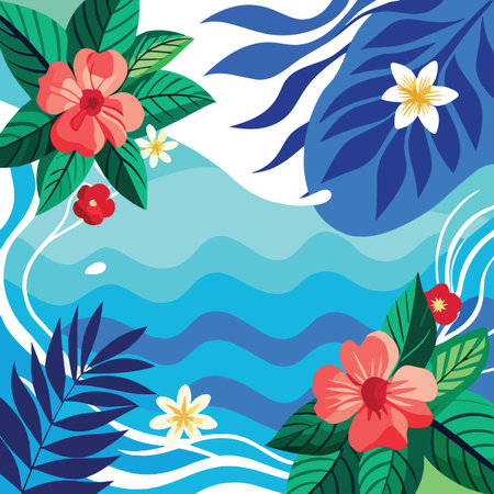 An abstract vector illustration of ocean waves framed by tropical hibiscus and frangipani flowers.のイラスト素材